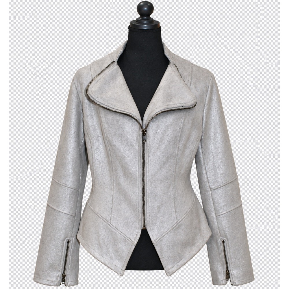 Solitaire Ravi Khosla Metallic Moto Jacket Women Medium Silver Grey 16-412